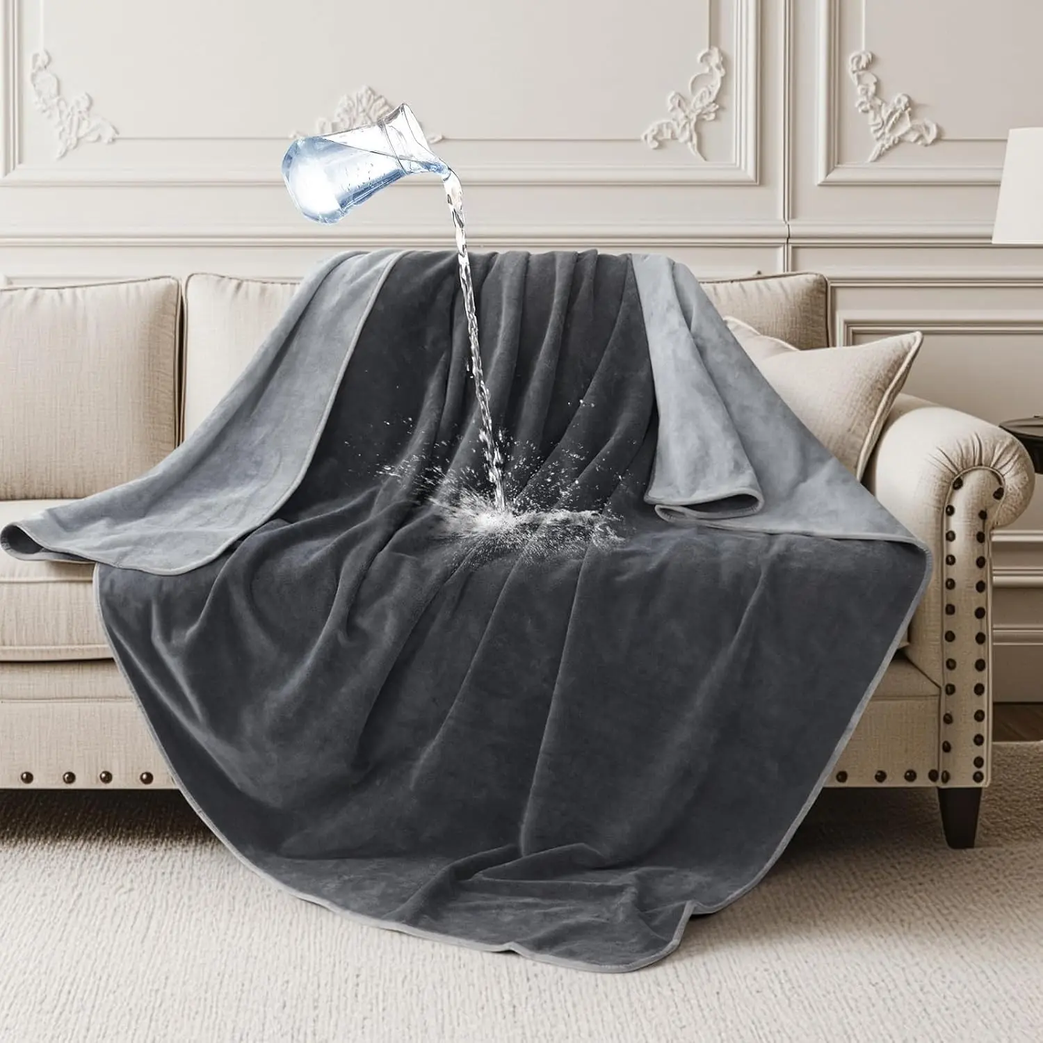Waterproof Throw Blanket for Couch: Reversible Leakproof Couch Blanket 40" x 60", Soft Flannel & Coral Fleece Bed Blanket Stain-Proof for Sofa Cover, Pet Accidents, Travel, GreyGift