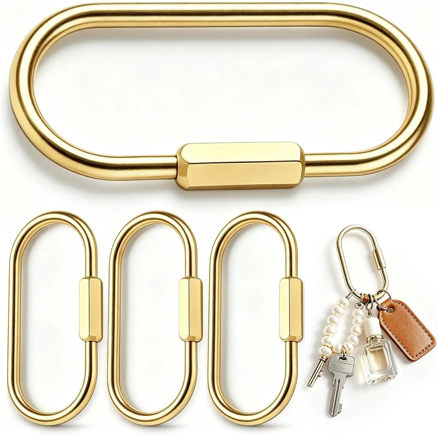 2 Pack Brass Key Ring Set –  Carabiner Clip with Screw Lock, Key Organizer with 4 Rings,   Holder for Handbags,  & Accessories for Men and Women