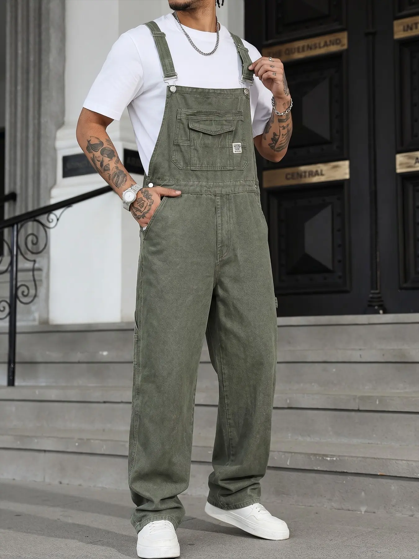 Men's Denim Workwear Overalls, Adjustable Shoulder Straps, Plain Design, Loose-Fit, Button Fly, Long Pants, Casual Street Style, All Seasons
