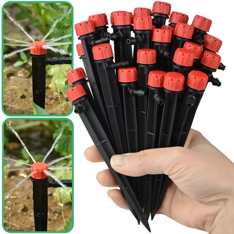 100pcs 13cm garden drip irrigation emitters, 360° adjustable water flow drippers, plastic material, suitable for 1/4 inch/mm inner diameter garden water hose watering systems, garden watering drippers