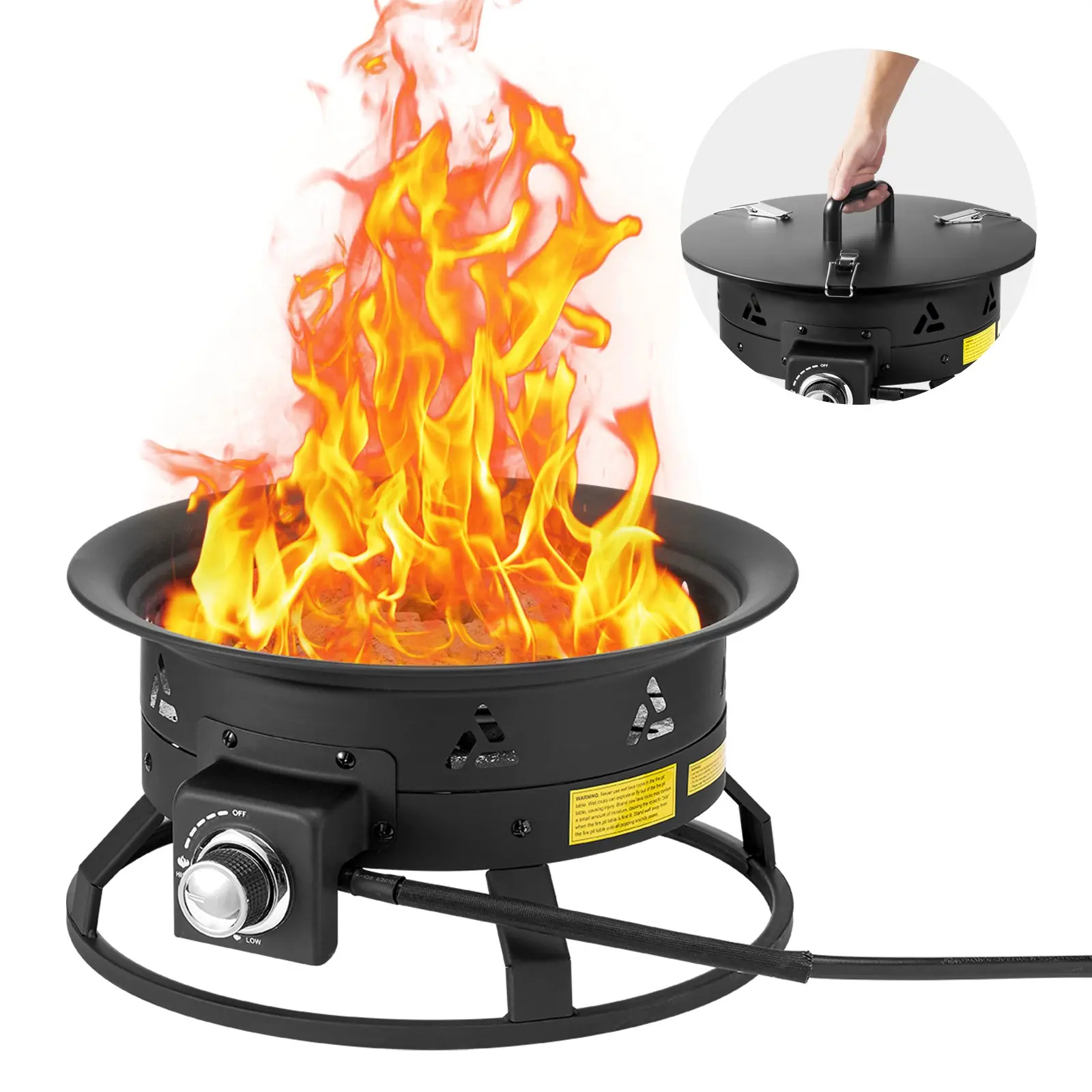 【Summerfinds】VEVOR Freestanding Stainless Steel 19 In Propane Fire Pit, Portable Outdoor Firepit with Cover, Lava Rocks, 0.57-in Gas Line Connector, 10ft Hose, Adjustable Flame Control, 58000 BTU, 16.53 lbs, 18.9"x18.9"x12.2", Black for Heating, Camping,,