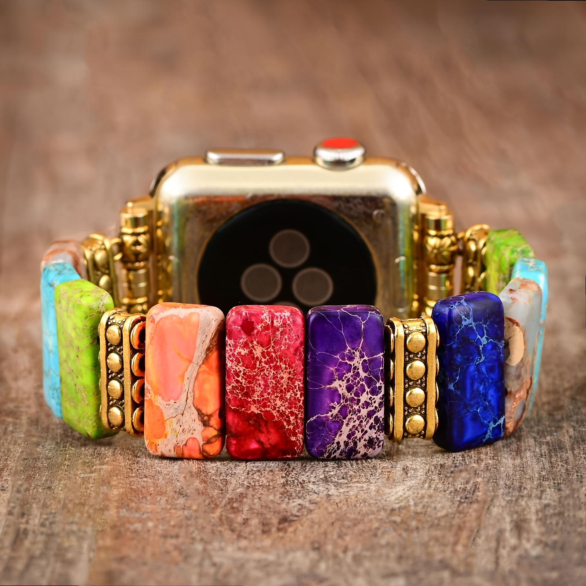 Colorful Natural Stone Beaded Apple Watch Band, Handmade Elastic Stretch Strap Compatible with iWatch Series 9/8/7/6/5/4/3/2/1 38mm-49mm, Cute Feminine Watch Band for Women