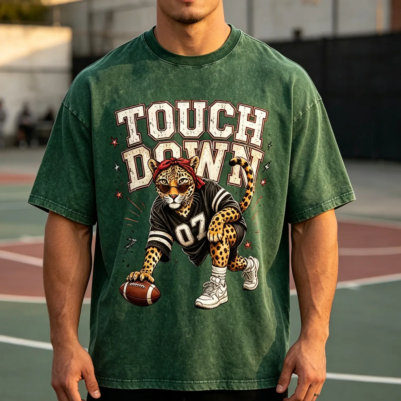Men's Casual Graphic T-Shirt with 'Touch Down' Leopard Football Print, Short Sleeve Round Neck Washed Finish Top, Tops, Pure Cotton, Chic, Cute