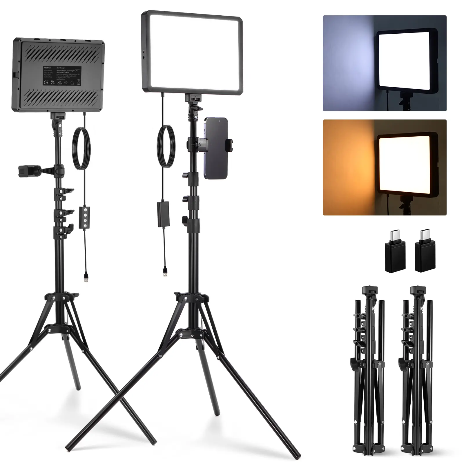NEEWER BASIC BP300 2 Pack LED Video Light Panel Lighting Kit with 2 59''/150cm Stands & 2 Phone Holders, 850lx/0.5m Bi Color 2700-6500K Dimmable Studio Light for Photography Filming Recording Live Stream