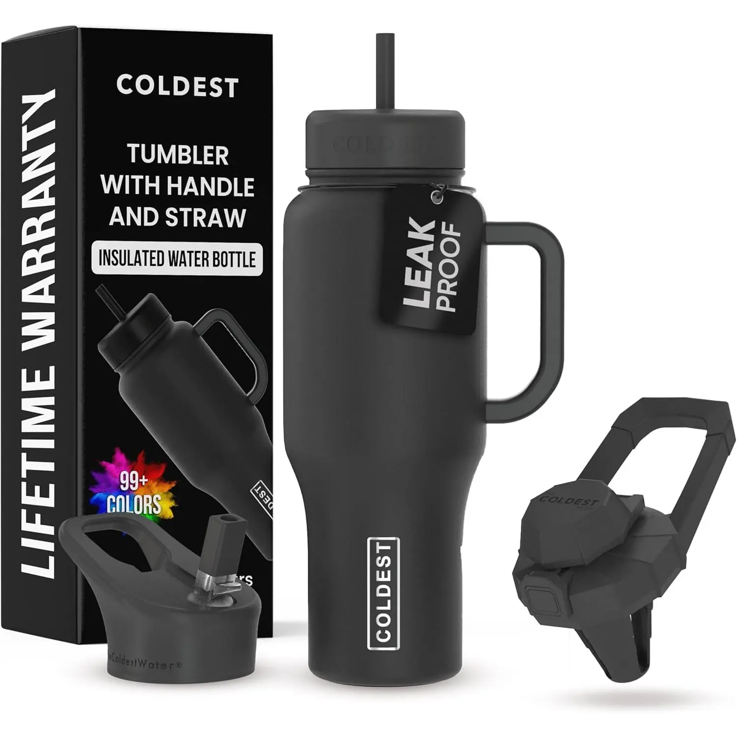 36 oz Stainless Steel Vacuum Flask Water Bottle - Cold Retention, Handle, Leakproof Lid Set (3 Lids), Straw, Cup Holder Friendly Base, Black Drinkware for Men