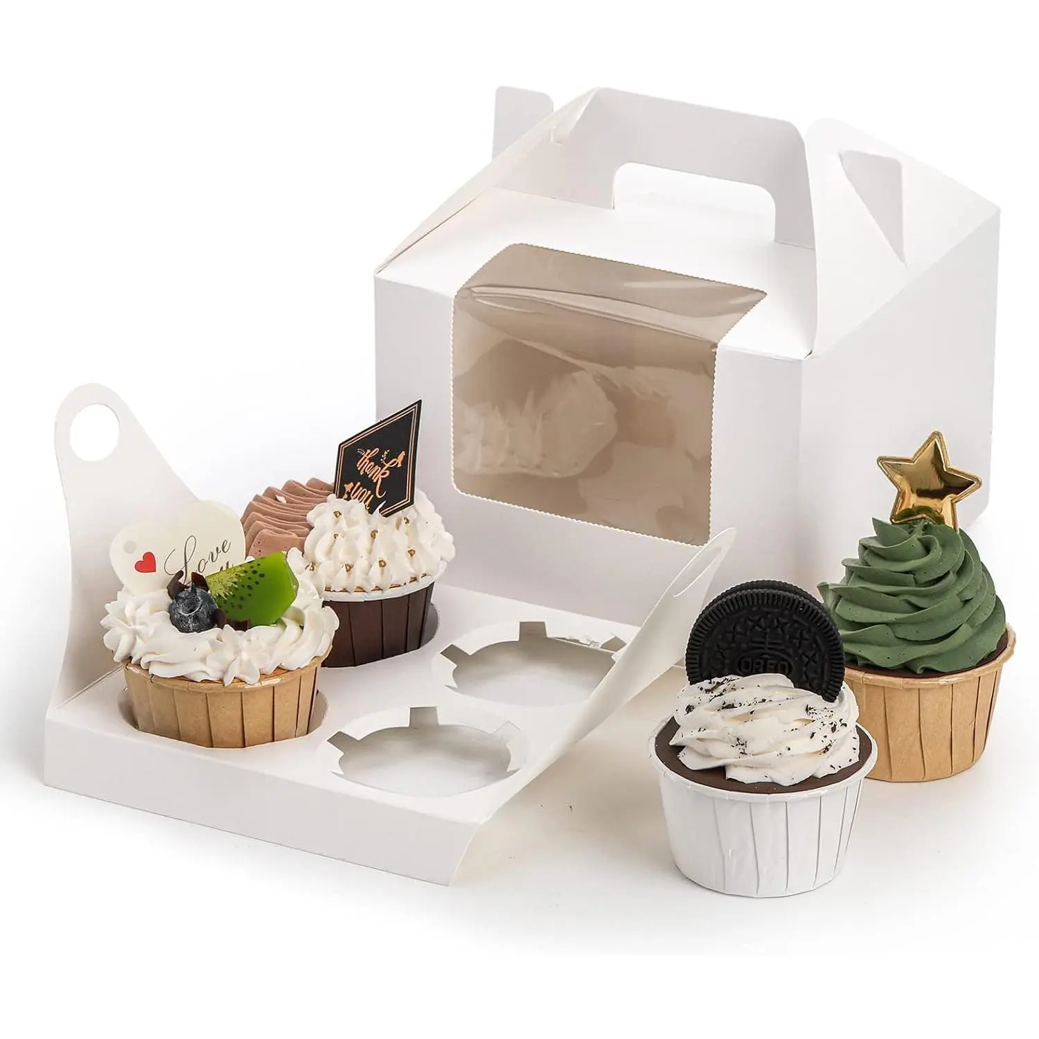 40 Pack Cupcake Containers, 4 Count White  Paper Cupcake Boxes with Insert Window and Handle, Cupcake Holder Bakery Pastry Boxes, Gable Party Favor  Boxes for Wedding Mother's Day