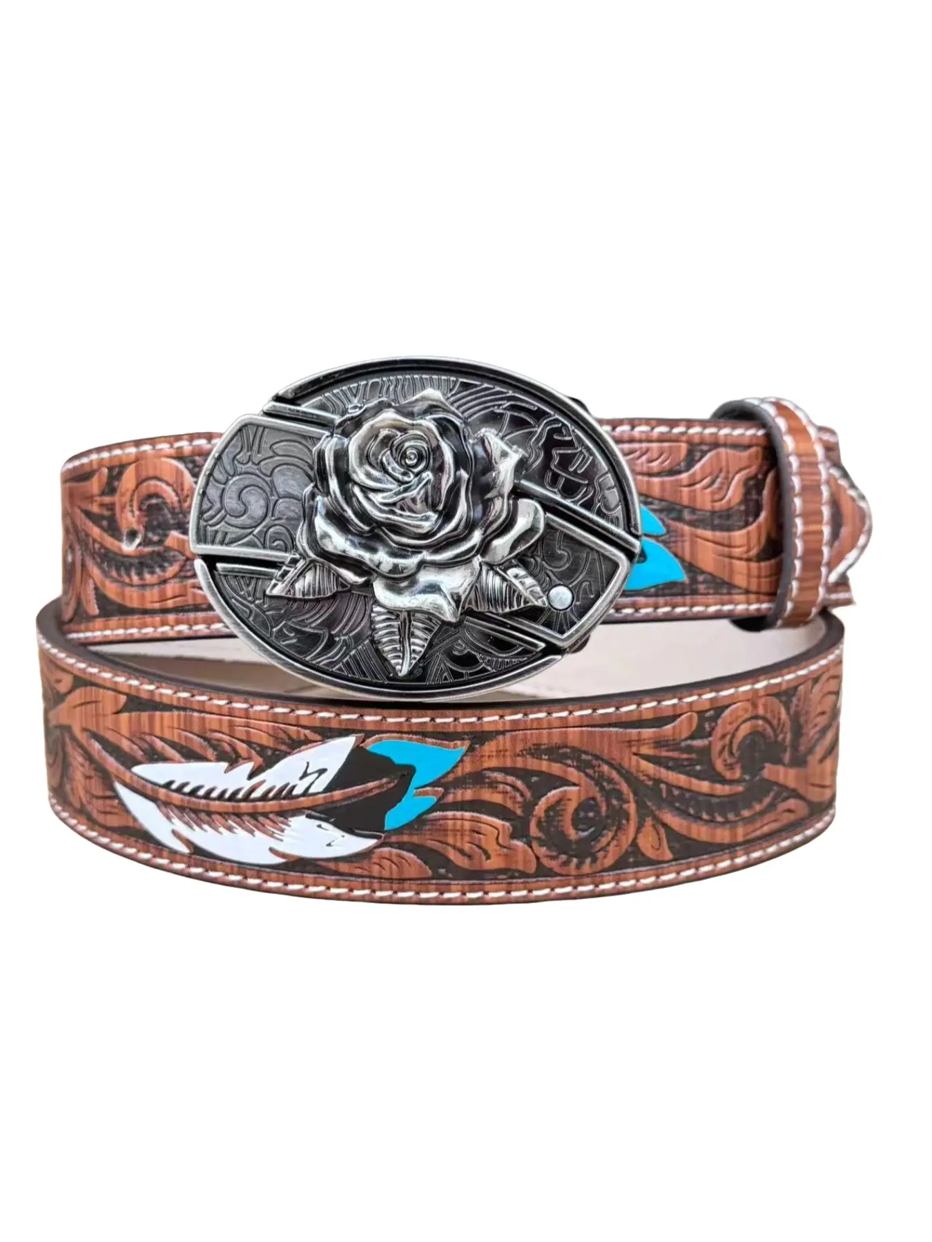 Unisex Boho Ethnic Western Cowboy Cowgirl Belt, Adjustable Waist Decor, Fashion Buckle, Perfect Casual Match, All Seasons, Plants Style