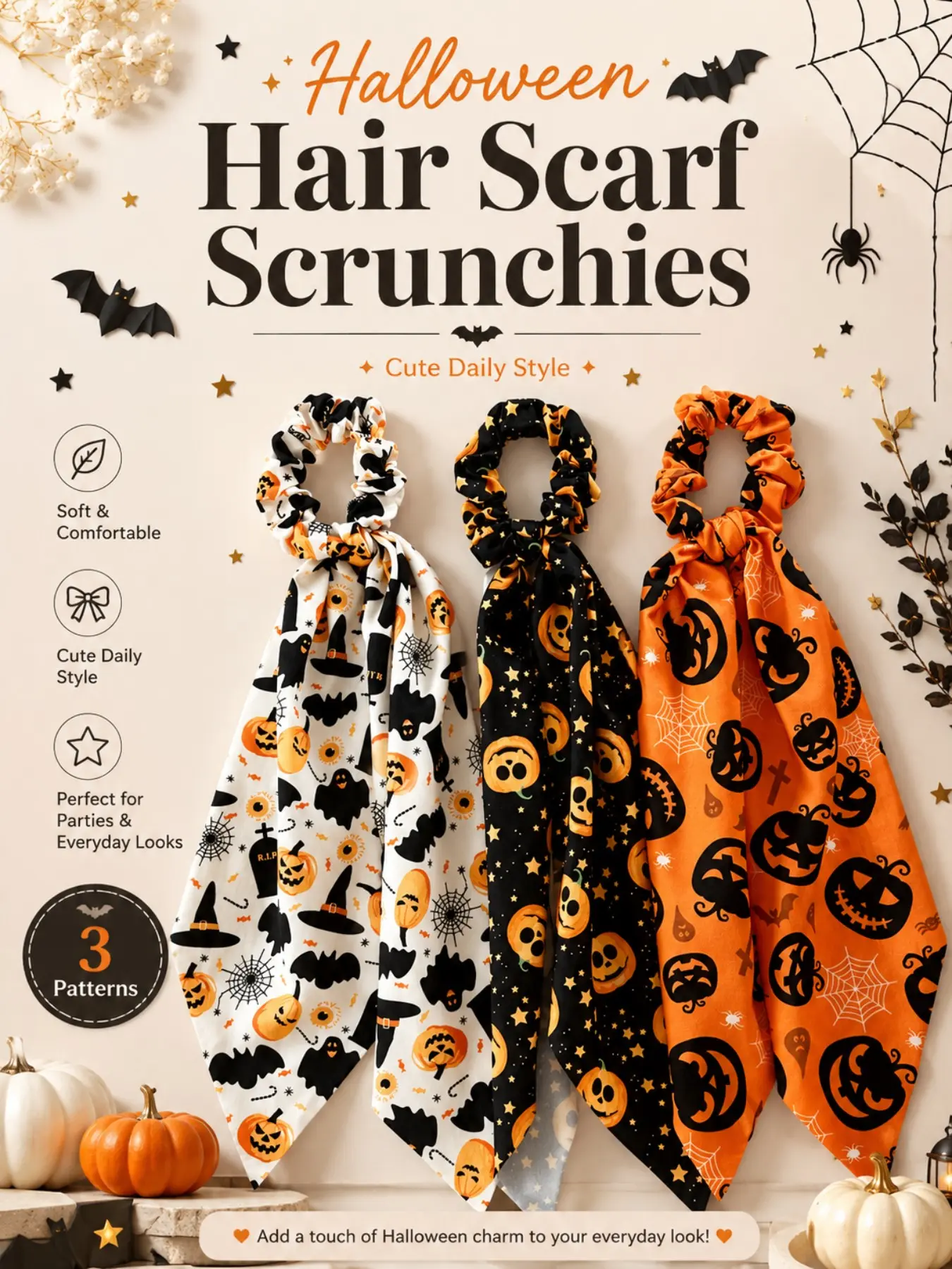 3 Pcs Halloween Hair Scarf Scrunchies Set, Pumpkin Bat Spider Print Bow Streamer Hair Scrunchy, Soft Fabric Elastic Hair Ties, Halloween Party Hair Accessories Gift for Women Girls Hair Accessory Set