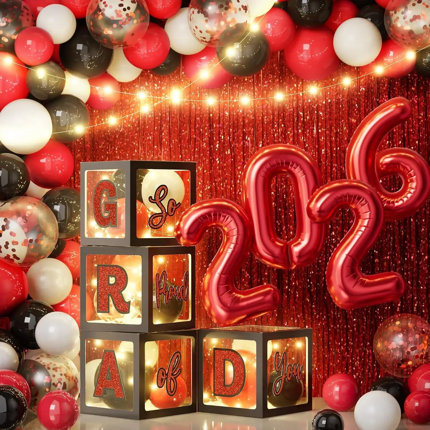 Graduation Party Decorations Class of 2026 - 86 PCS Grad Party Supplies Includes LED Light Strings Balloon Block Boxes with Letters Foil Curtains Backdrop 2026 Balloon Garland Kit - Black Red