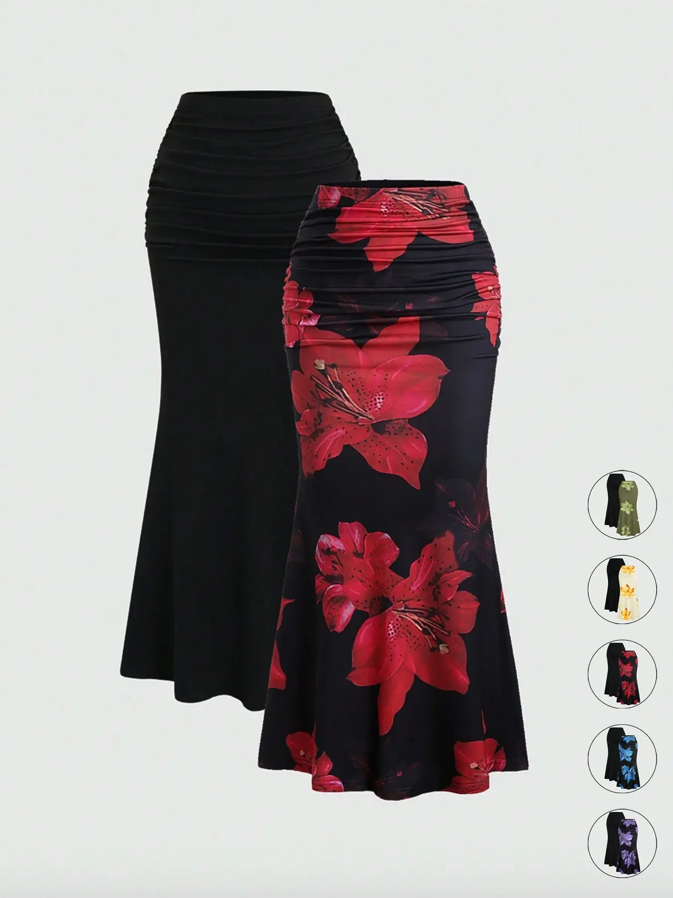 2pcs Women's Elegant Party Solid Color Mermaid Skirt And Floral Print Skirt Set，Casual Slim Fit Pleated Skirt, Trendy Fashionable Design, Perfect for Daily Wear & Special Occasions, Clothes