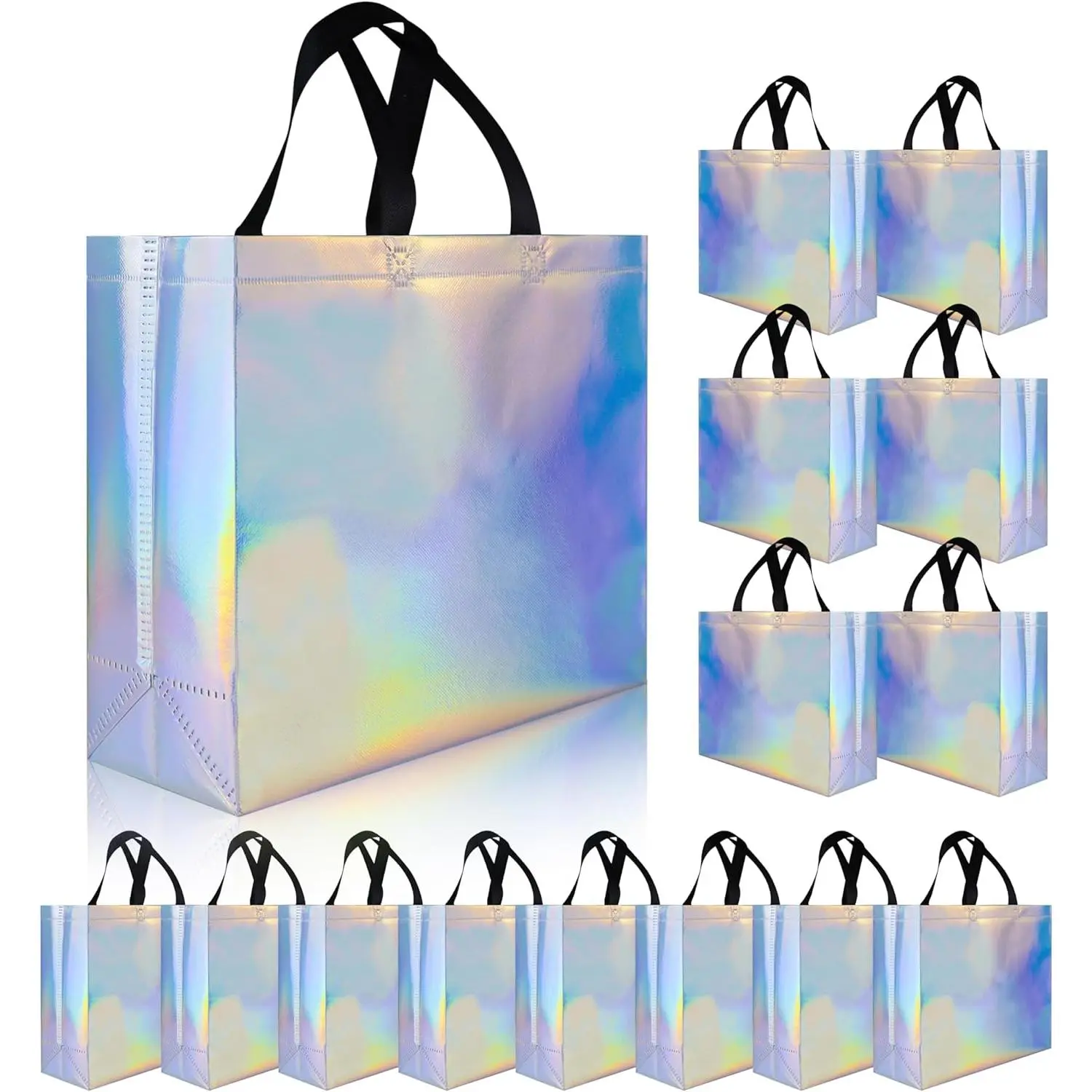 Glossy Iridescent Gift Bags 15 Pcs, 12.6x4.7x11 In Reusable Goodie Bags Bulk with Handles & Sturdy Base, Christmas Gift Bags for Birthday, Wedding, Holiday, Party,Thanksgiving