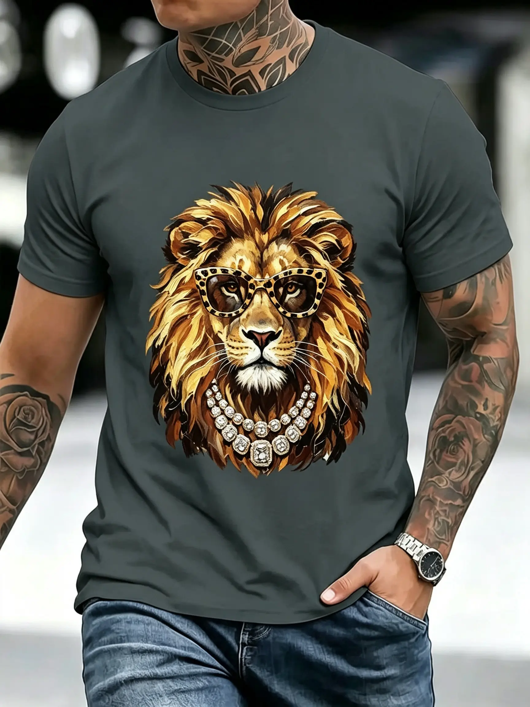 Cool Lion Glasses Necklace Graphic Shirt Oil Painting Art Hip Hop Vintage Short Sleeve Crew Neck Top Cotton Tee Casual Streetwear Apparel Menswear Unisex cotton t-shirt