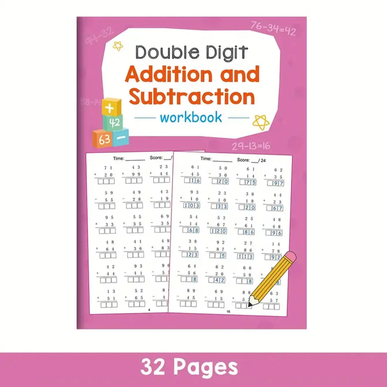 Math Practice Book, 32 Pages for Kindergarten and Grade 1, Vertical Equations, Reorganization Exercises, Interactive Learning