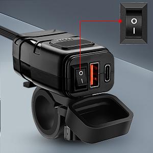 Waterproof Dustproof Motorcycle Phone Charger with 1.92.2cm Handle Diameter, 6.4A Dual USB Type-C PD Quick Charge 3.0, 12v2a, DC12v24v, 5v3.4a, 9v2.5a, ABS Cover, Voltmeter, Red LED Voltmeter, Independent Power ON/OFF Switch for Phone, GPS