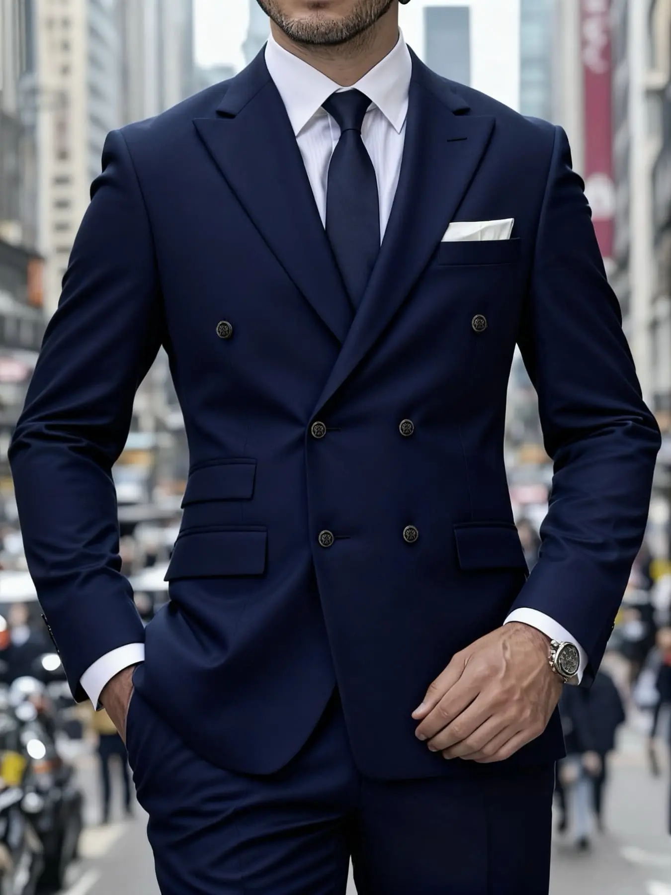 Men's Solid Business Suit Set 2-Piece Double Breasted Peak Lapel Long Sleeve Elegant Office Party Wedding