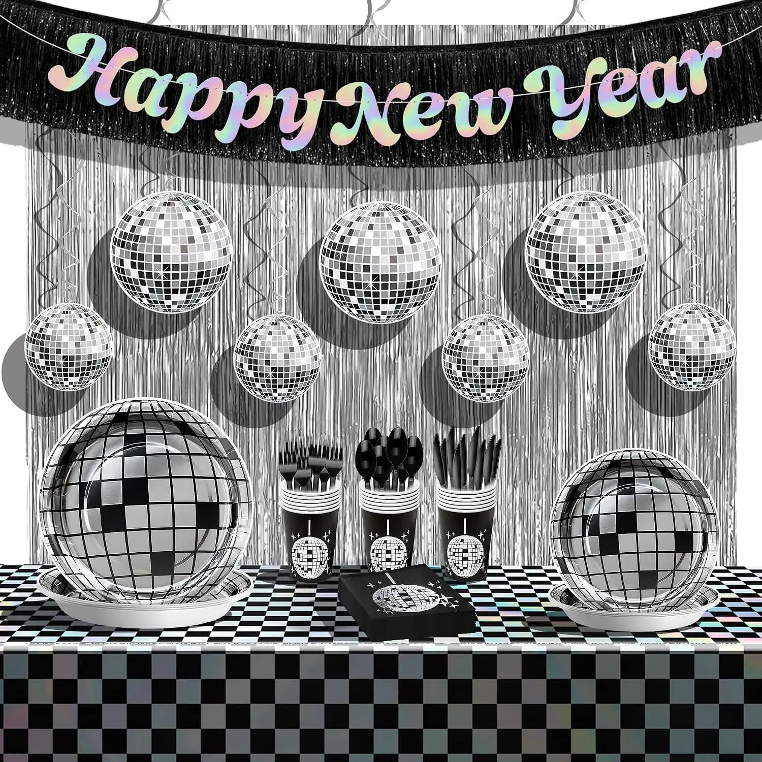 ,   Eve Party Supplies 2026 - Pack of 188, Serves 25 | Happy  Year Banner,  Fringe Backdrop, Happy  Year Plates and Napkins Set, Swirls, Tablecloth, NYE Decorations 2026