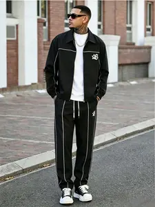 Men's Long Sleeve Sportswear Set, Athletic Streetwear, Drawstring Jacket, Comfortable Football Training Coat, Letter Print, Zipper, Spring & Fall