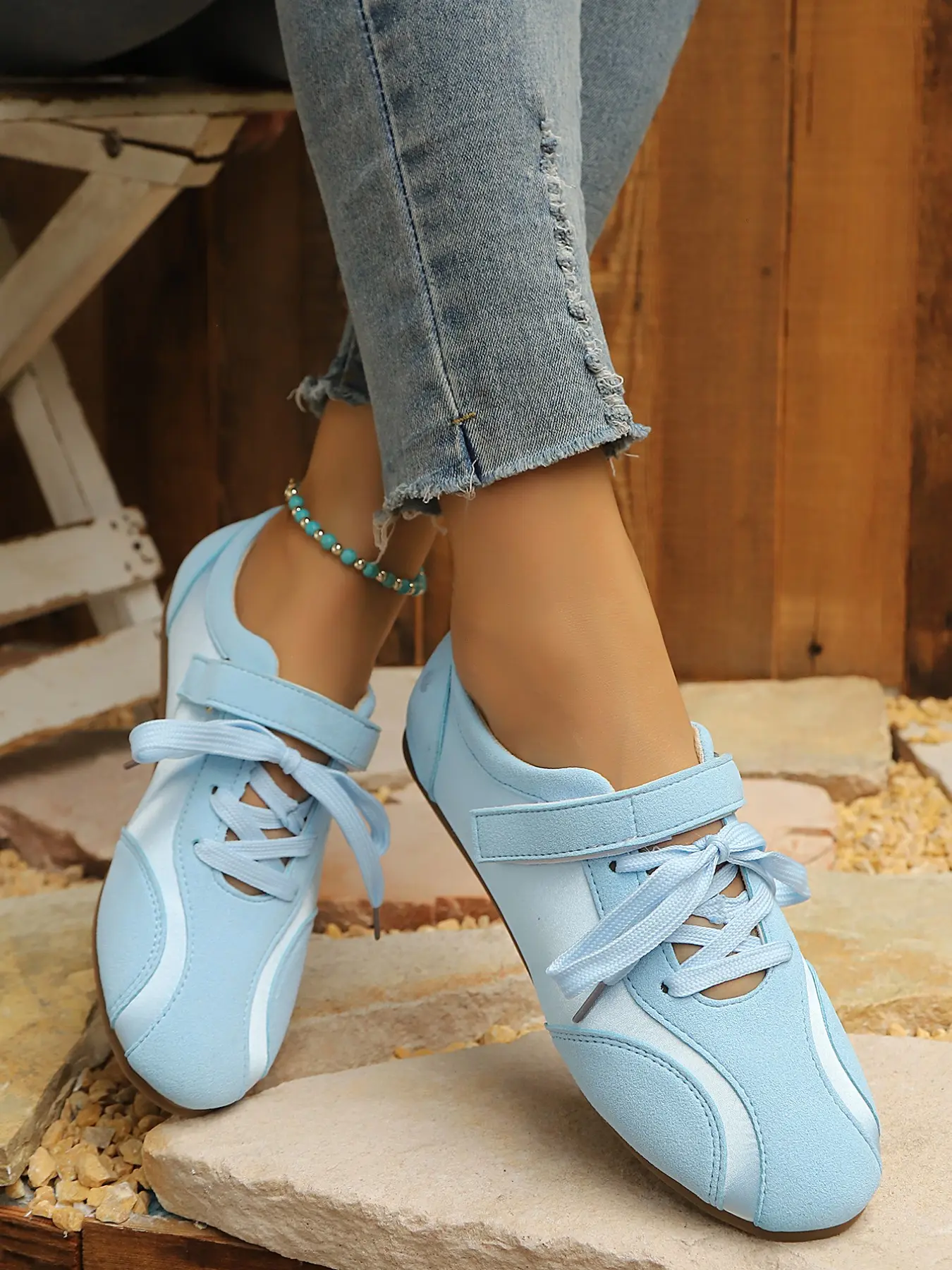 Women's Hollow Out Tie-Strap Flat Casual Sports Shoes, Dual Strap Velcro Daily Walking Shoes, Soft Patchwork Lightweight Running Shoes