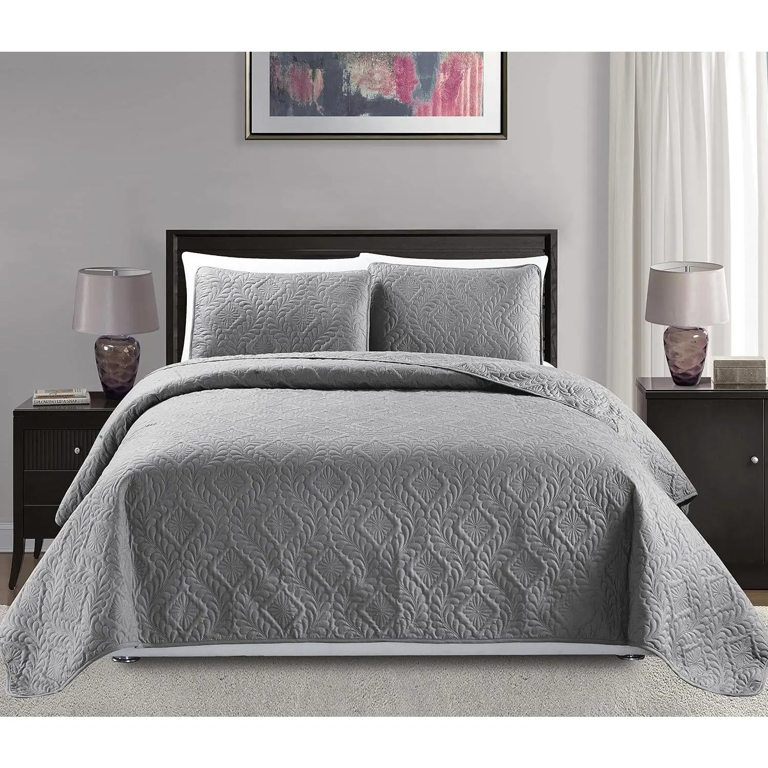 King/California King Over Size 118"x106" 3pc Diamond Bedspread Bed-Cover Embossed Solid Grey New