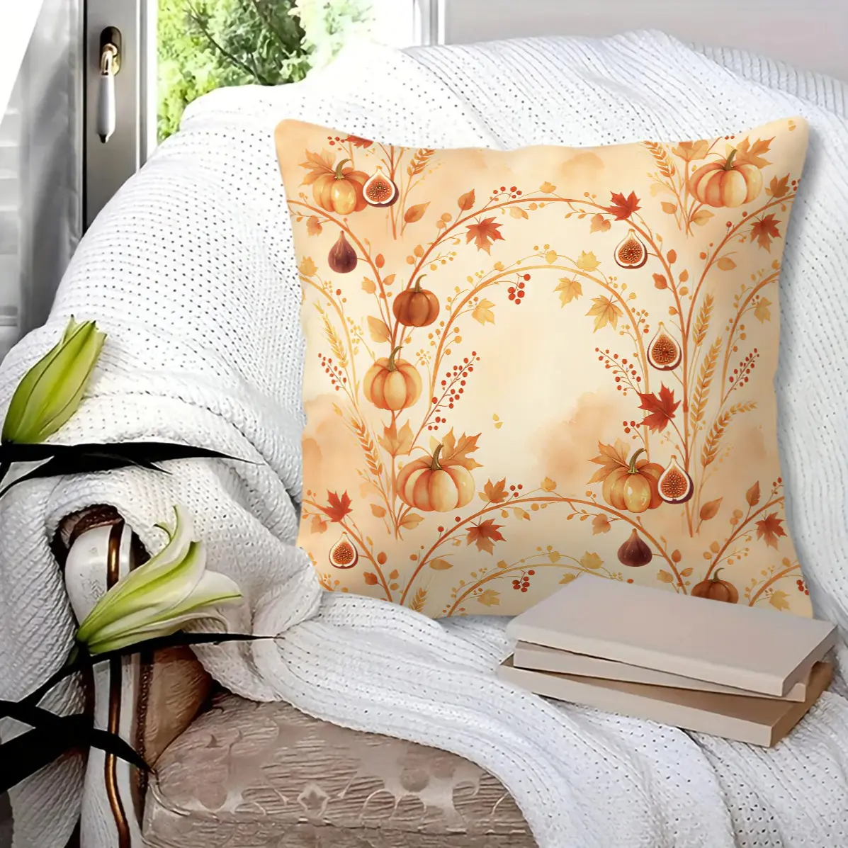 Warm Harvest Throw Pillow, ink vine golden maple pumpkin acorn print, soft seasonal cushion for sofa & bay window (with insert)