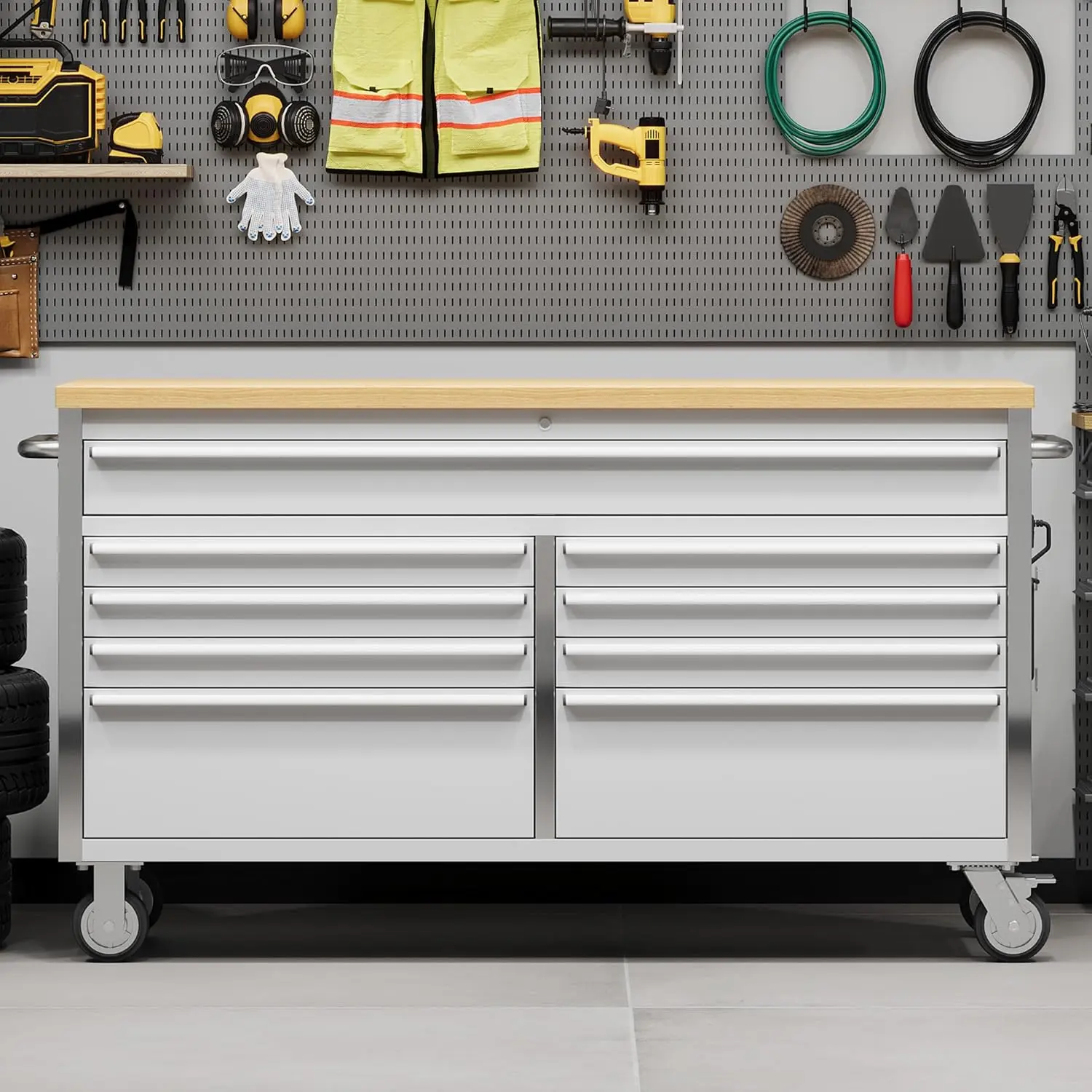 61-Inch Stainless Steel Mobile Tool Chest - 9-Drawer Design, Integrated Handle, Locking System, Sturdy Structure, High-Capacity Compartments for DIY Enthusiasts in Home Workshops & Garages
