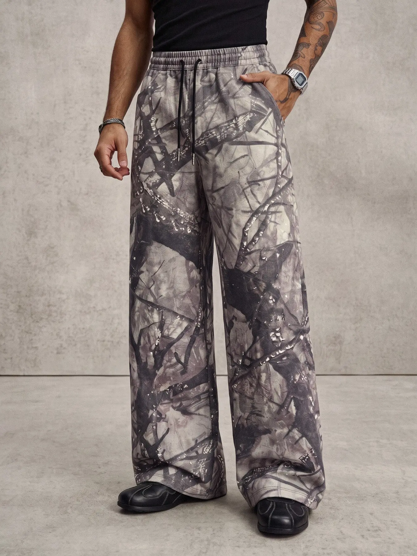 Men's Vintage Tree Branch Camouflage Wide Leg Sweatpants, Casual Loose-Fitting, Spring & Fall, Unlined, Batch Number 202604