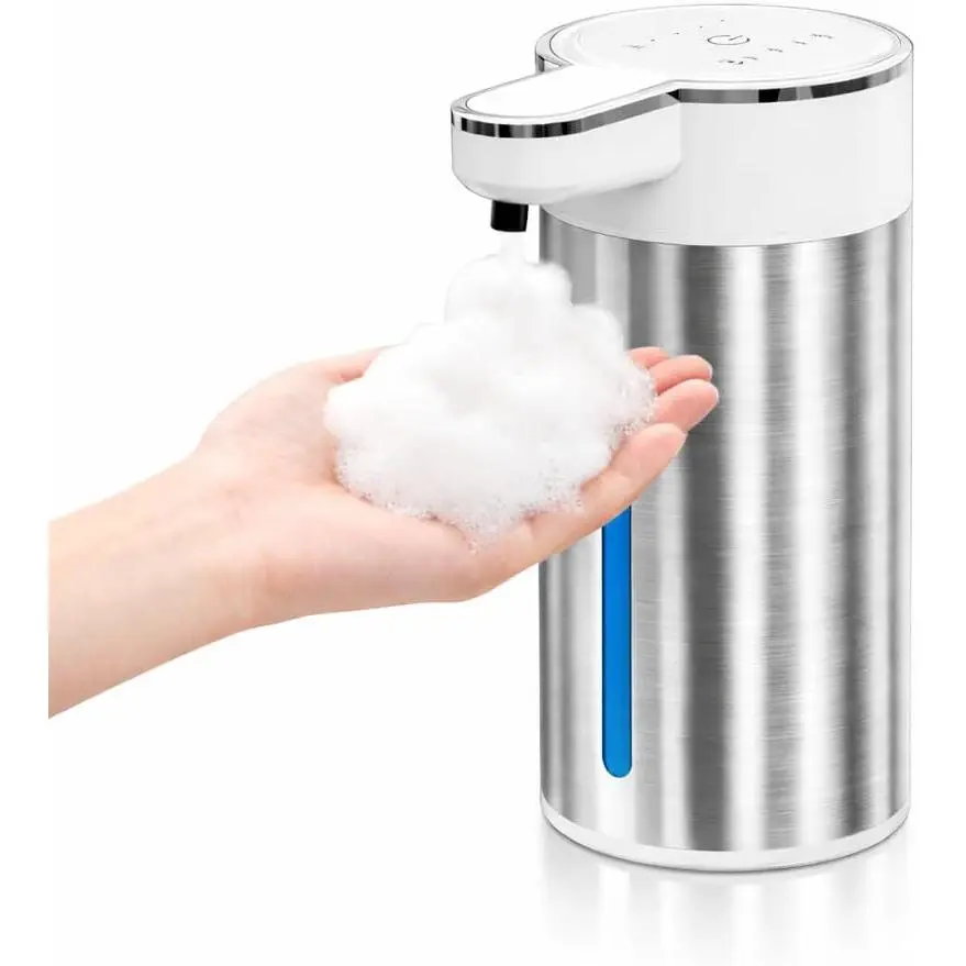 Touchless Foaming Hand Soap Dispenser, 304 Stainless Steel, USB-Rechargeable, 13.5 oz (400 ml), Waterproof, Transparent, Modern for Home Bathroom Hand Washing (White), Water Proof, Kitchen Bath