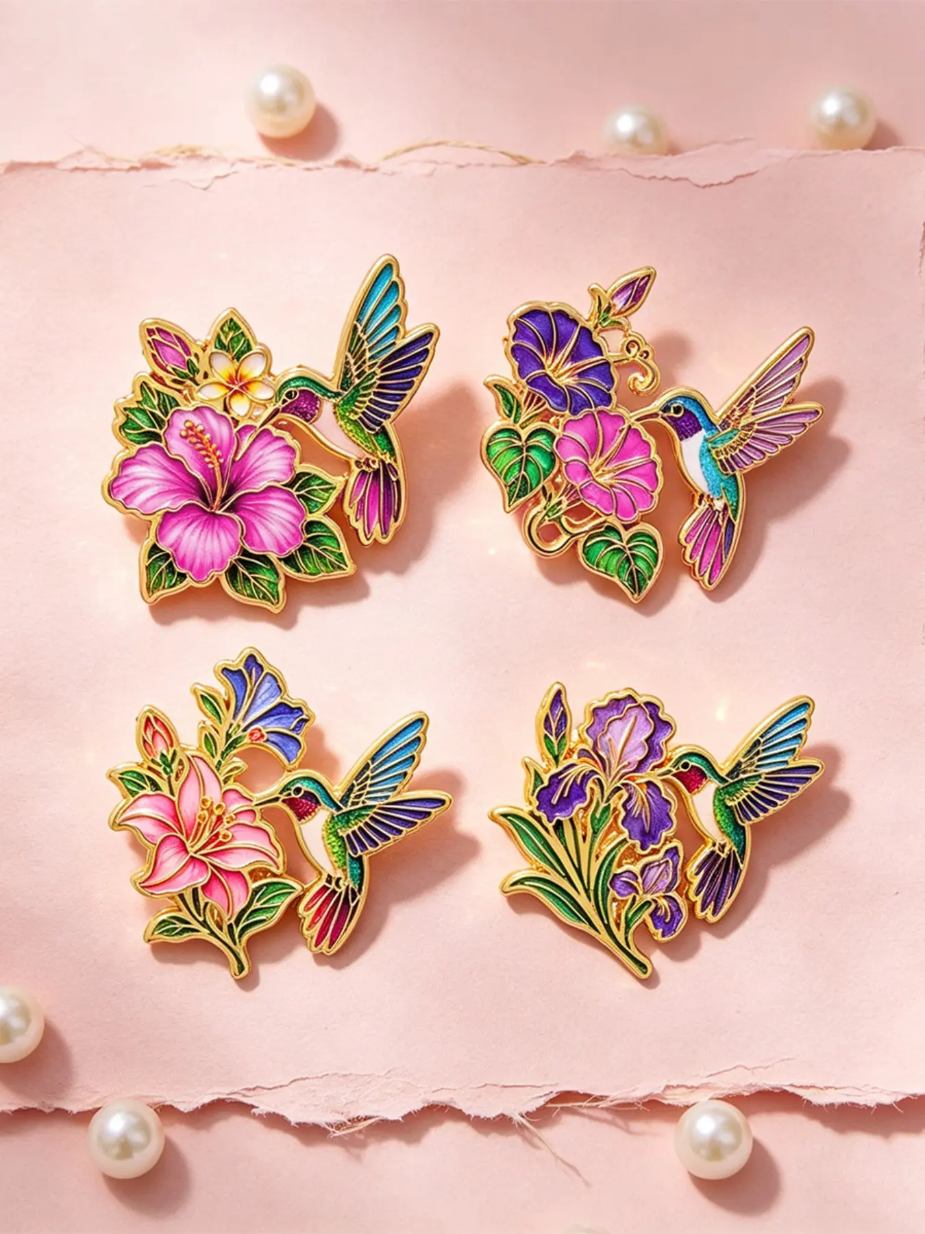 4pcs/set Floral Hummingbird Enamel Pins, Perfect Gift for Friends, Fashion Accessory for Briefcases, Jackets, Hats, All Seasons