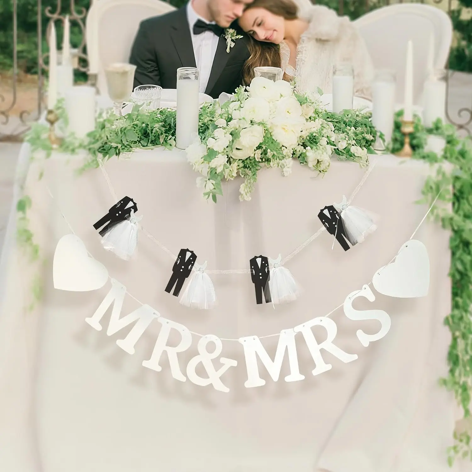Mr and Mrs Banner for Wedding Reception, 2- Bride and Groom Garland with Hearts and Tassels, Wedding Table Backdrop Decorations for Engagement Party