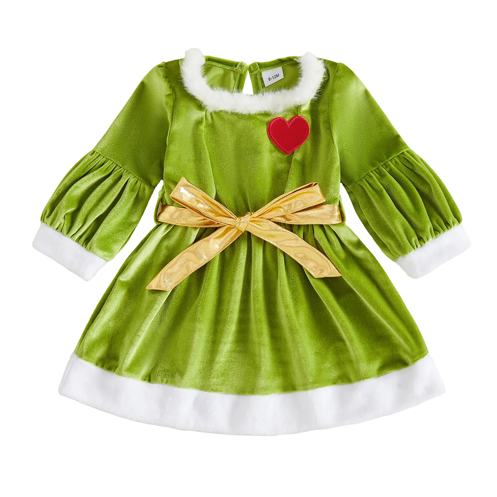 Canrulo Toddler Baby Girls Grinch Velvet Fuzzy Trim Puff Sleeve Red Heart Gold Bow Christmas Party Dress 6M‑4T
