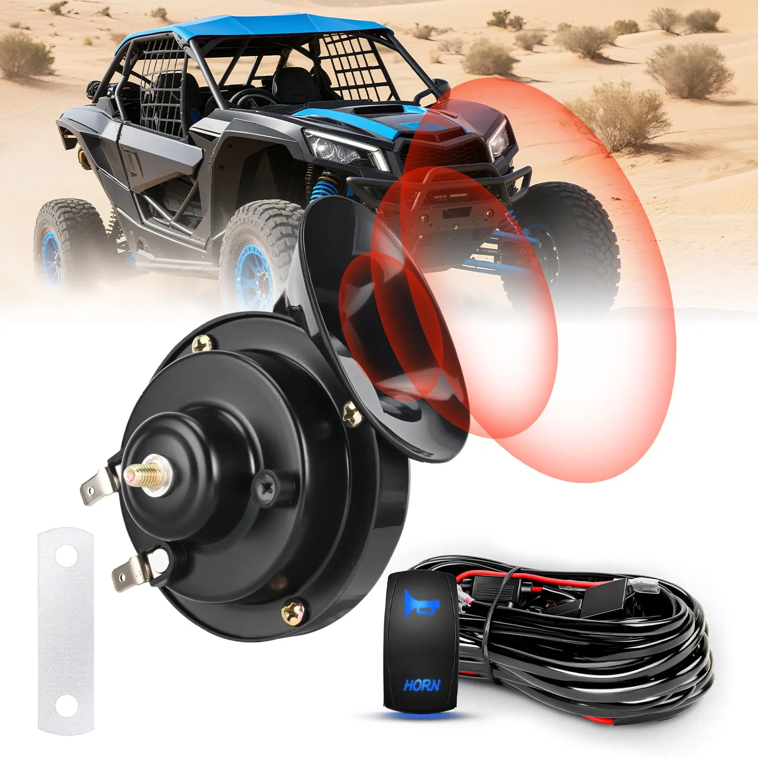 Nilight 12V UTV Horn Wiring Harness Kit with Blue LED Momentary On Rocker Switch, 60dB Sound Plug-N-Play Horn, ABS Housing for Polaris RZR/Ranger, Can Am Outlander/Defender