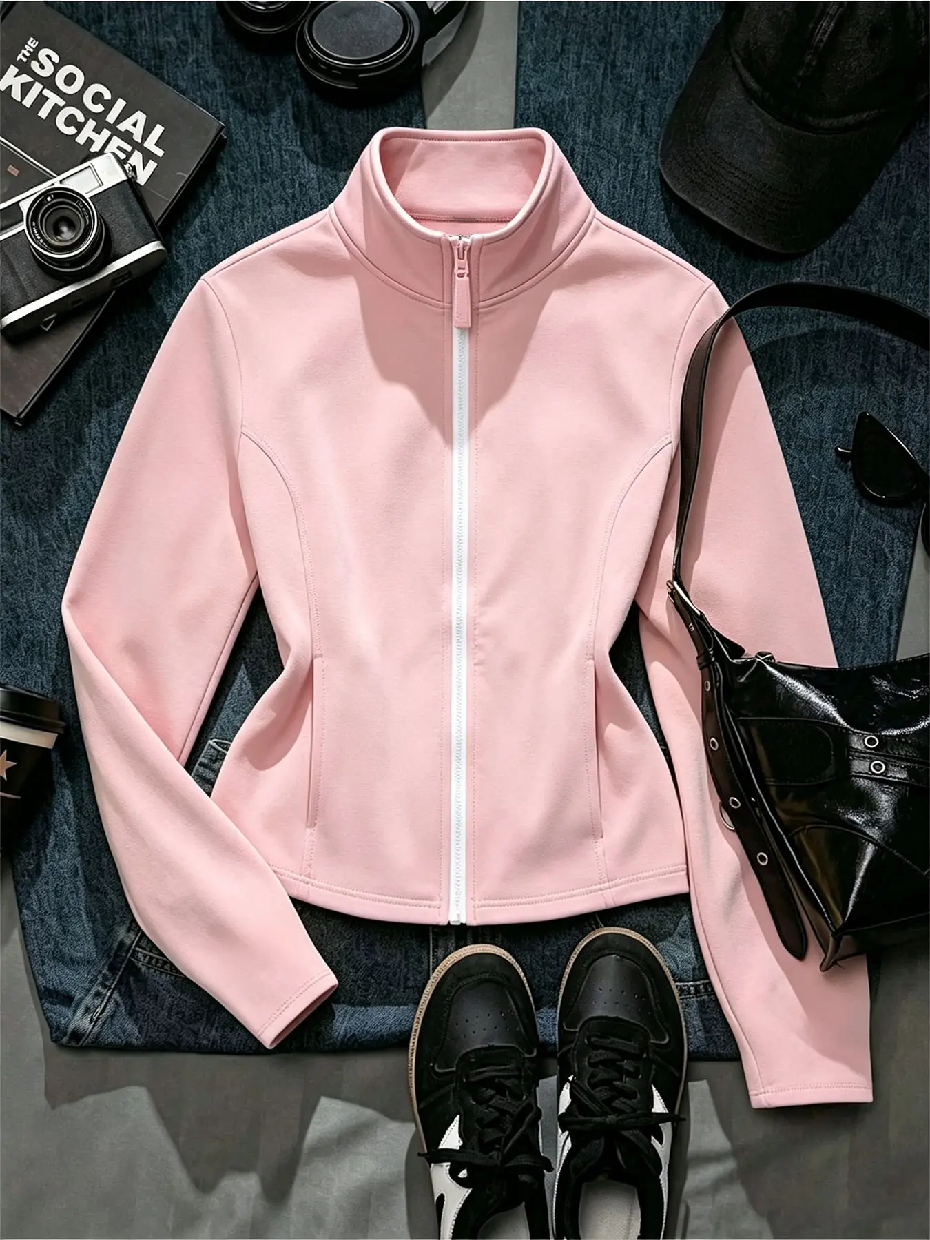 Women's Stand Collar Zip Up Cropped Jacket, Slim Fit Solid Outerwear, Suitable For Daily Errands, Shopping Trip, Casual Travel
