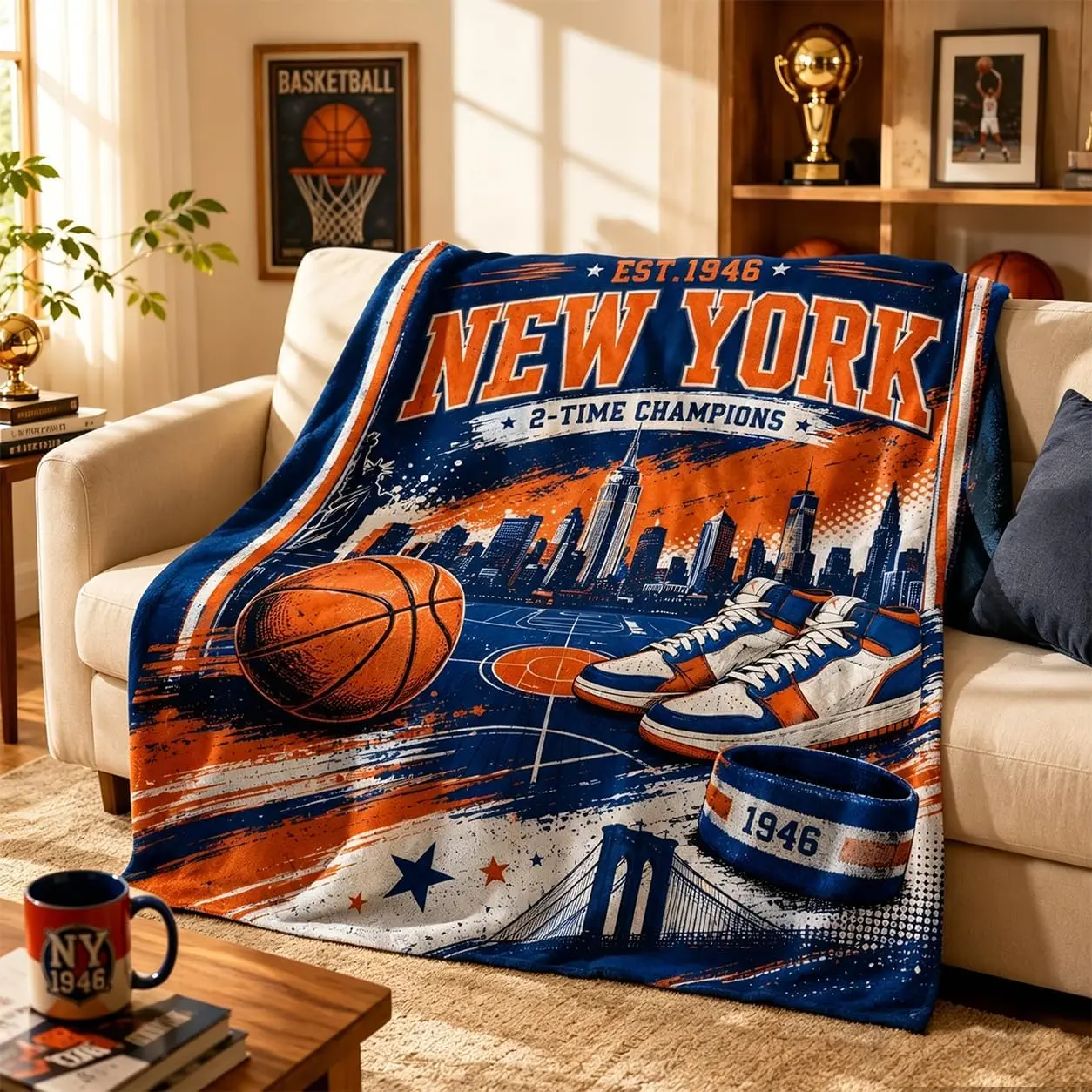 Vintage New York EST.1946 Basketball City Skyline Flannel Throw Blanket,Retro Soft Fleece Blanket,Classic Orange Blue Sports Man Cave Decor Blanket,Perfect Gift for New York Fans & Basketball Lovers