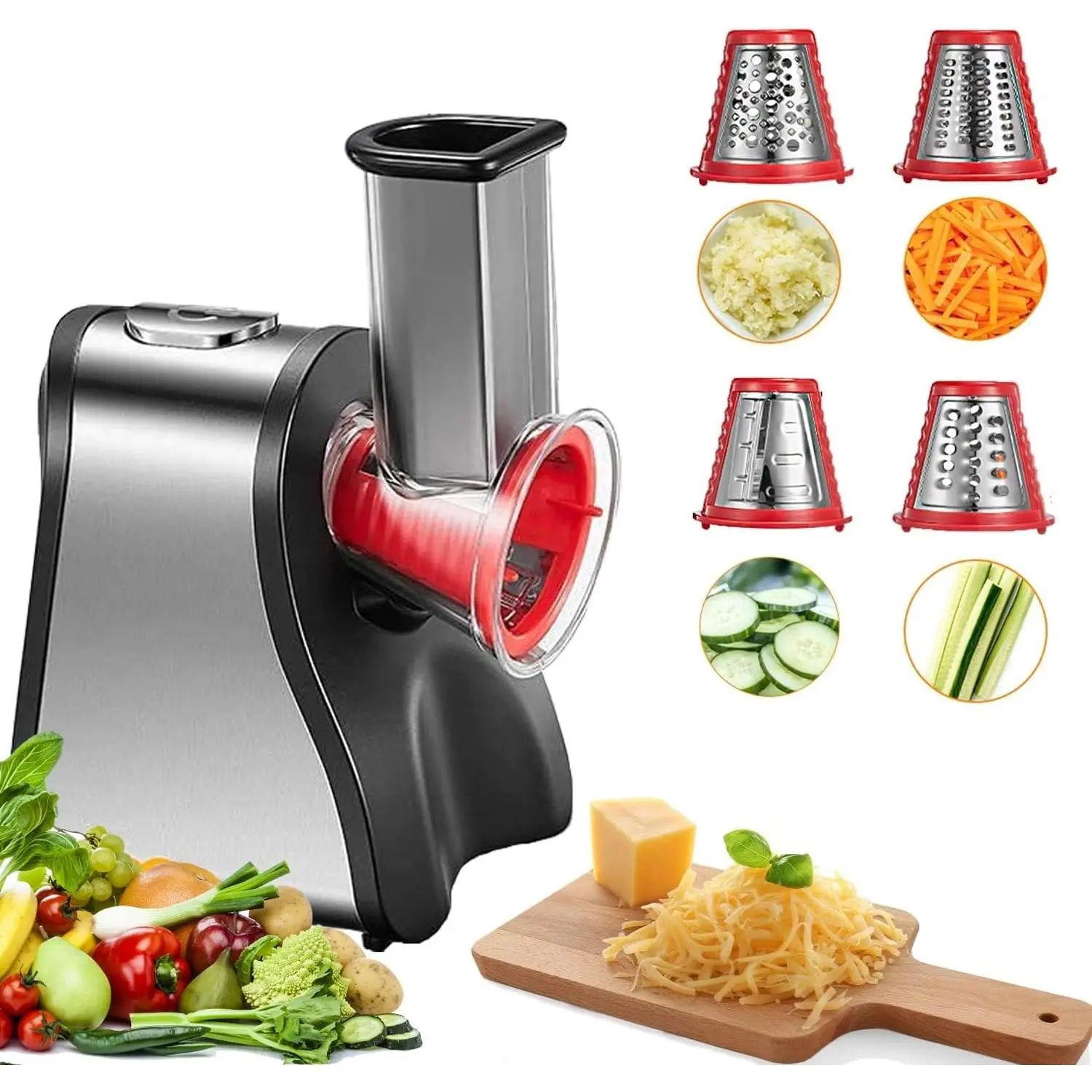 Electric Cheese Grater Salad Maker, Electric Slicer Shredder for Home Kitchen Use, One-Touch Easy Control, Electric Grater for Vegetables, Cheeses and Nuts, BPA-Free, Red