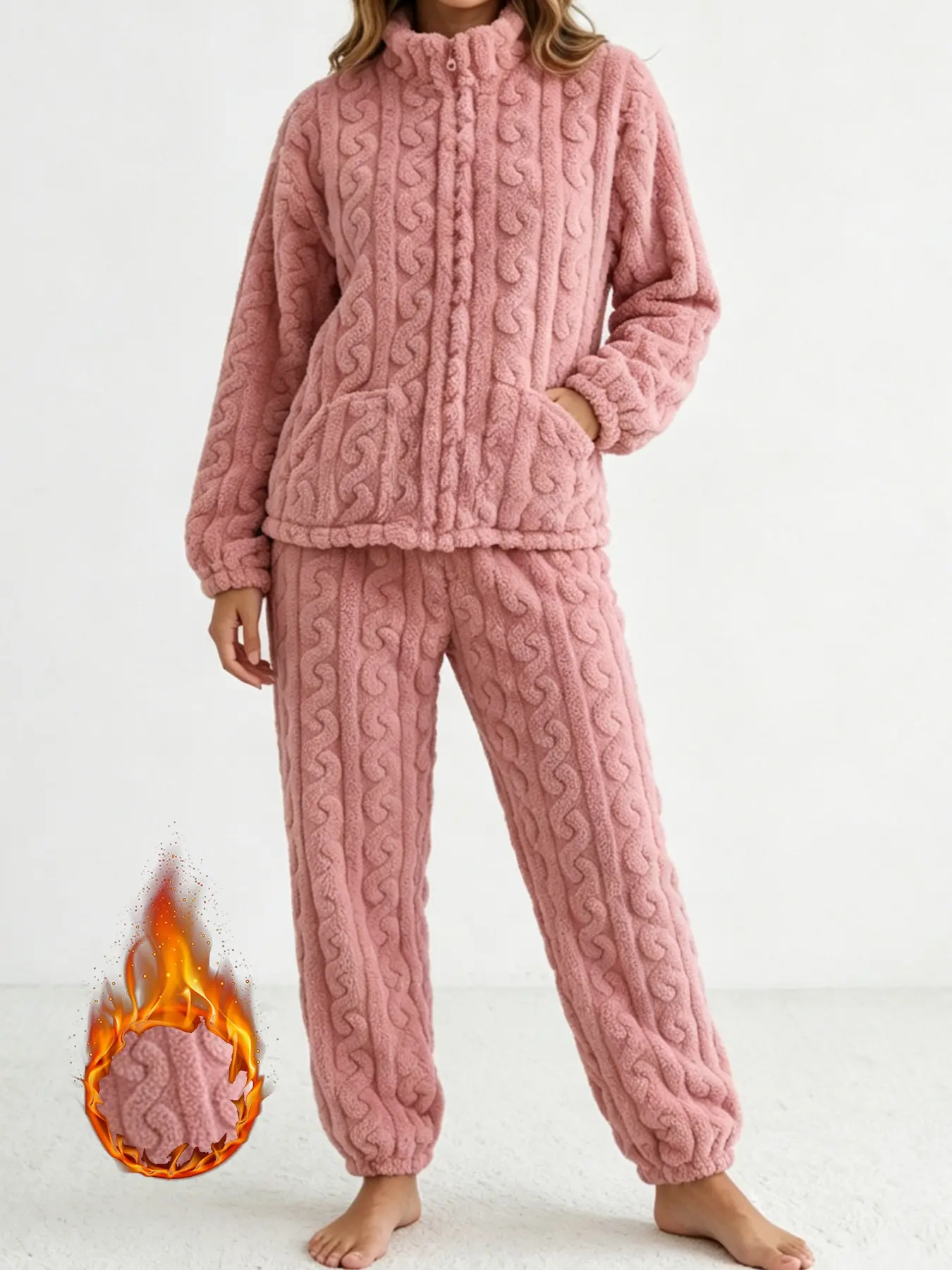 Women's Fall Winter Plaid Fleece Pajama Set, Zipper Dual Pocket Long Sleeve Top & Cuffed Pants, Simple Solid Thick Warm Home Wear