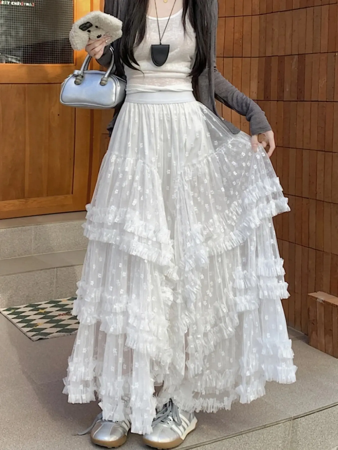 Women's Mesh A-Line Long Skirt, Boho Hippie Skirt, Ditsy Floral Jacquard Design, Loose-Fitting, Non-See-Through, Elegant Party Dress