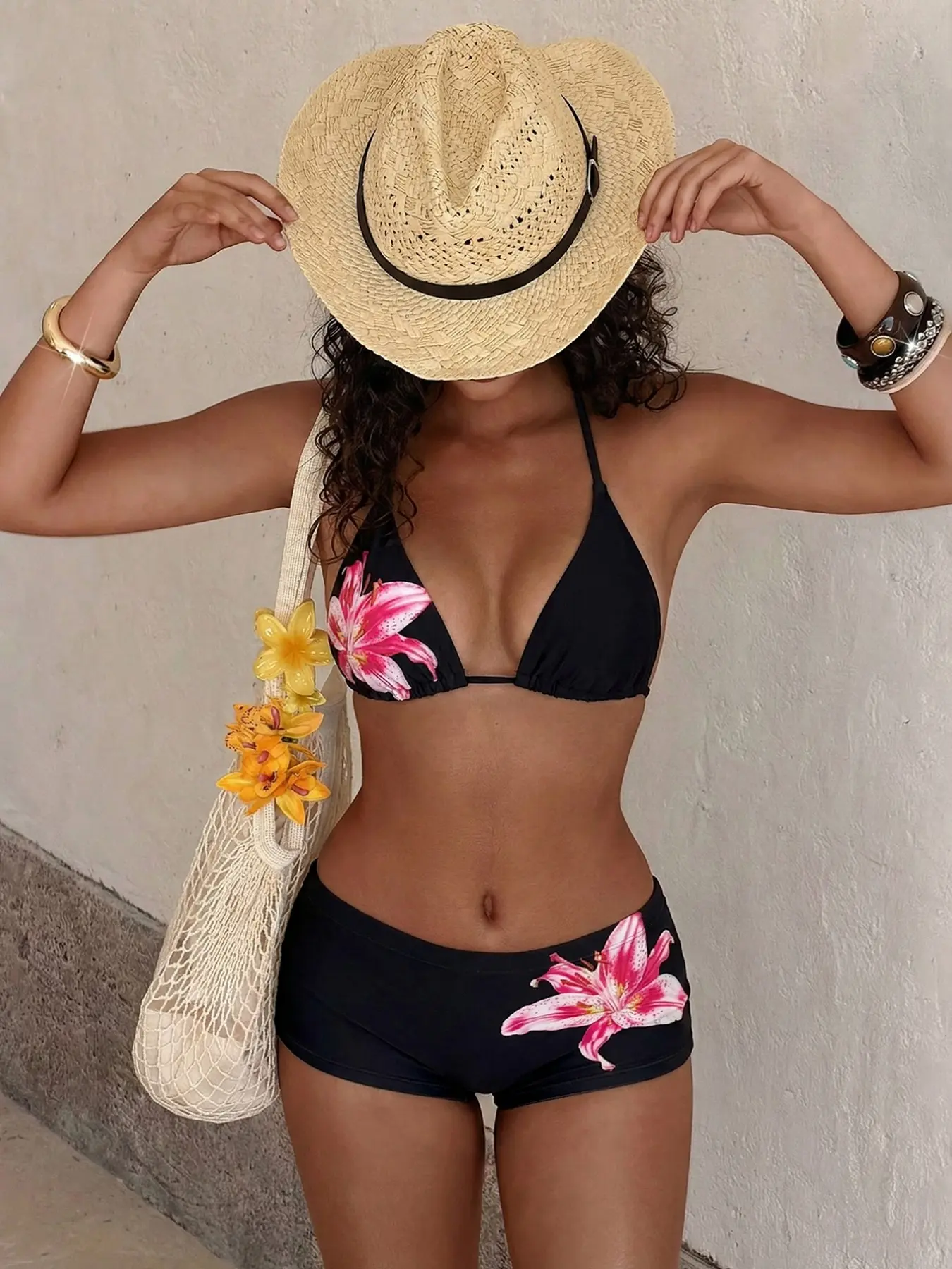 Women's Fashion Floral Swimsuit Set, Tie Back Triangle Top & High Waisted Shorts, Lily Pattern, Flower Print Bikini, Summer Vacation Beachwear, Floral Print Bikinis, Floral Print Swimsuits