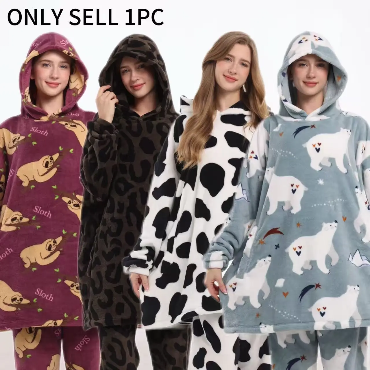 Full-Body Print Wearable Blanket, Loungewear with Hat and Pockets, Unisex, Fall Winter, One Size, Warm, Soft, Holiday Gift, Onesie Blanket