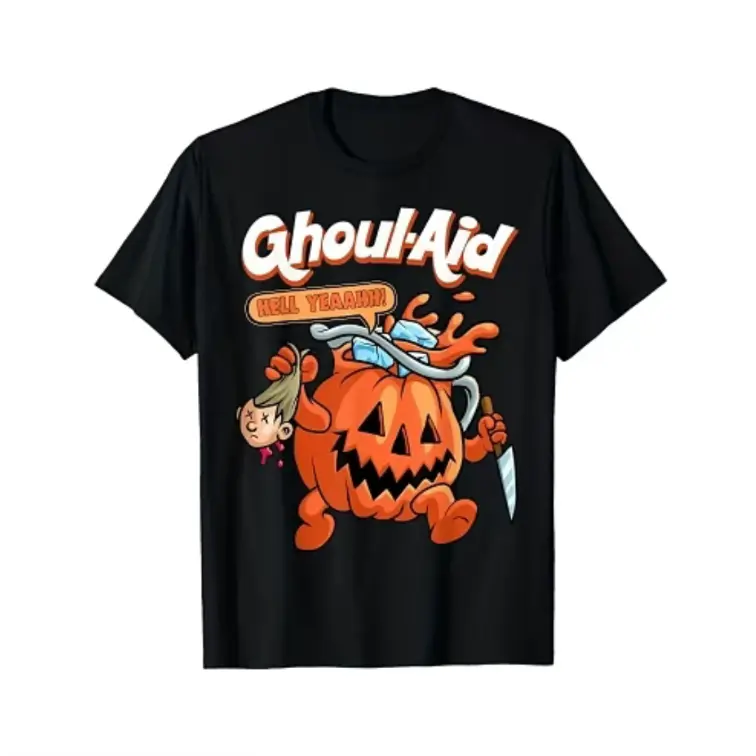 Ghoul-Aid Spooky Halloween Jack O Lantern Horror Cartoon Oversized Black Cotton T Shirt, Funny Scary Pumpkin Killer Halloween Party Tee