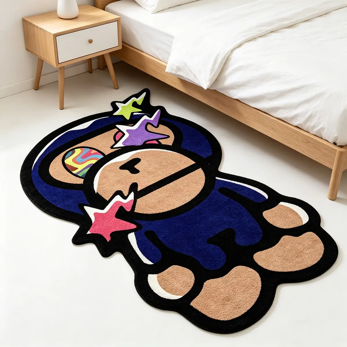 Psychedelic Lightning Star Blue Hooded Monkey Plush Rug, Street Fashion Retro Bedroom Gaming Mat, Dopamine Casual Cartoon Foot Pad, Decorative Area Rug