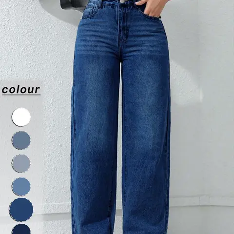 Women's Blue High Waist Jeans, Casual Long Pants with Pockets, Elastic Fabric, Loose Fit, All Seasons, Perfect for Daily Wear