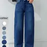Women's Blue High Waist Jeans, Casual Long Pants with Pockets, Elastic Fabric, Loose Fit, All Seasons, Perfect for Daily Wear
