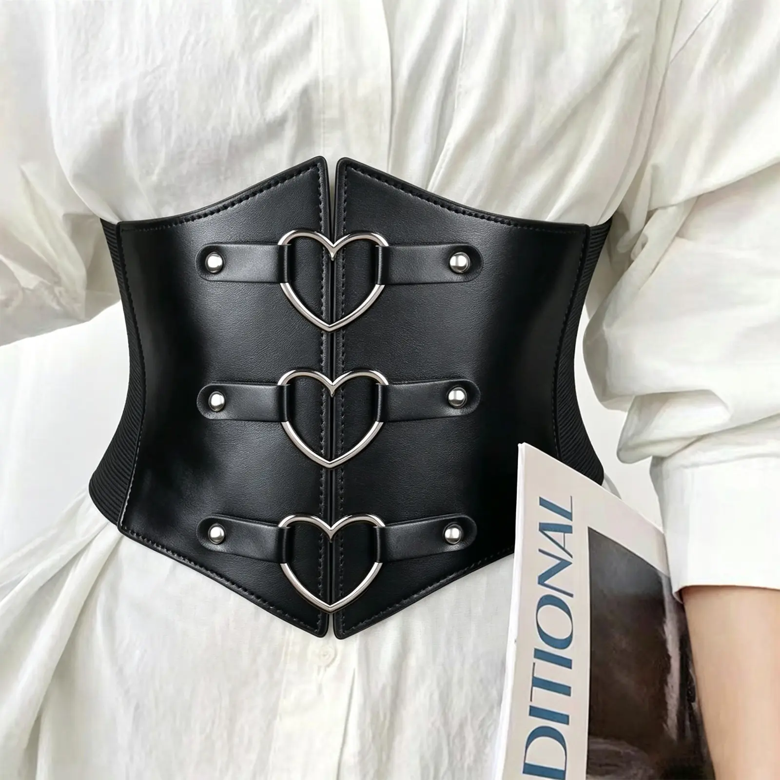Women's Black Faux Leather Lace-Up Corset Belt, Elastic Waist Body Shaping Underbust Cincher, Vintage Gothic Retro Waistband Accessory for Daily Wear Shirt Dress Outfits (Sports & Outdoor Ball Sports American Football Compatibility)