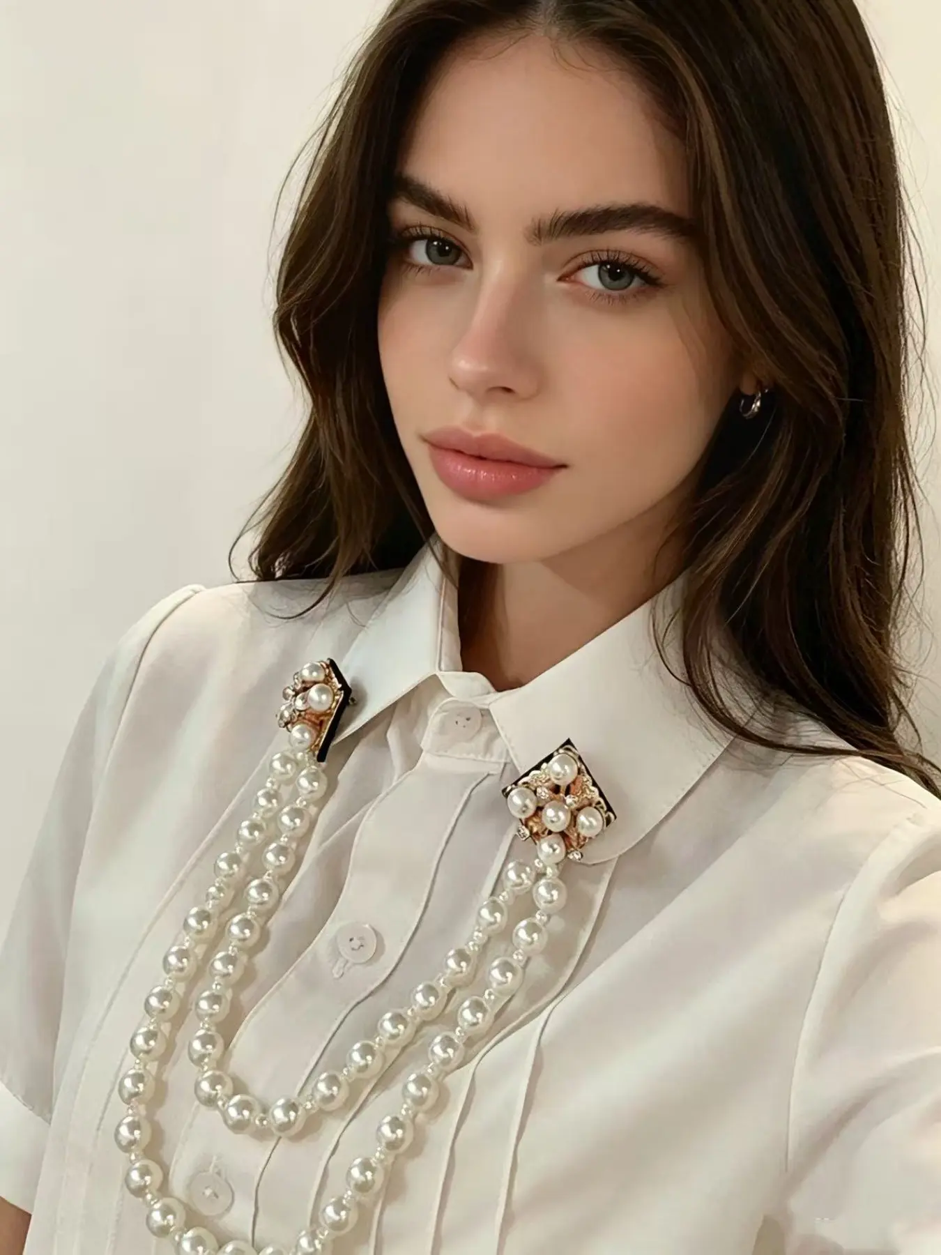 Double-Layer Faux Pearl Collar Chain Sparkling Exquisite Brooch, Vintage Rhinestone Decorative Shirt Lapel Pin, Luxury Elegant Accessory for Women