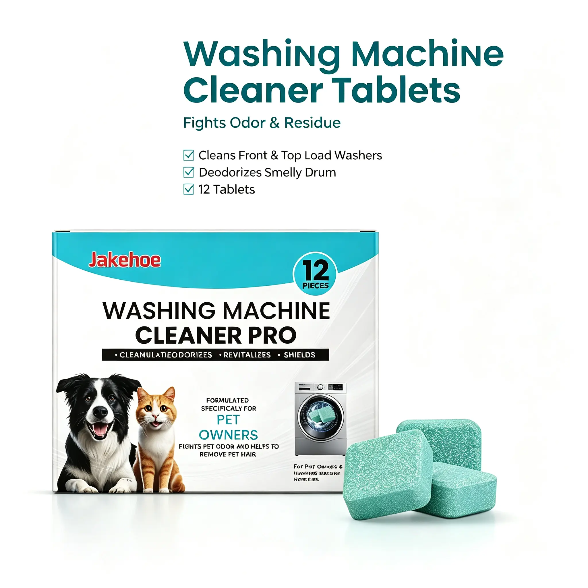 Washing Machine Cleaner Tablets, Bicarb & Citric Effervescent Tablets for Front Load-Top Load Washers, Odor Removal, Regular Cleaning, Washer Deep Clean, Pet Safe Grime Dissolving Home Care Cleaner, Tablet Form