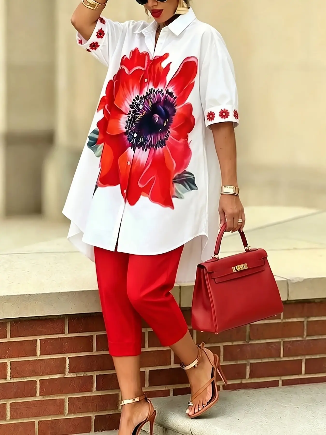 Women's Fashion Retro Floral Print Button Shirt Top + High-Waisted Slim Fit Seven-Eighths Pants Set, Casual Two-Piece for Ladies