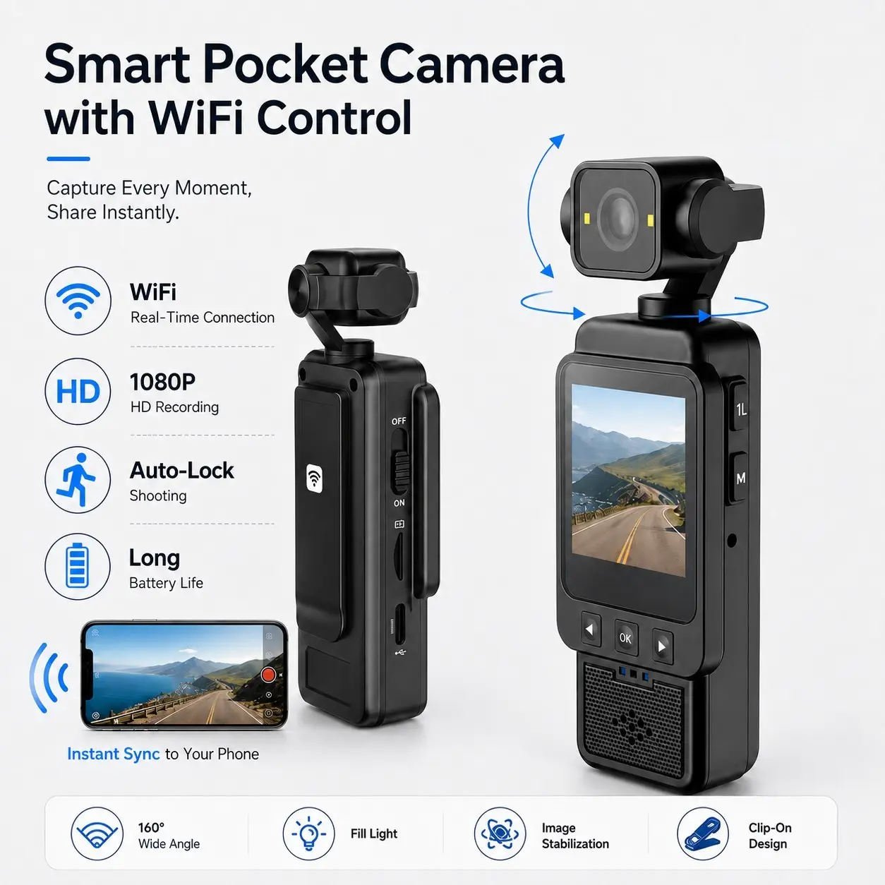 Portable Mini Action Camera 1080P HD with WiFi, Night Vision, Image Stabilization | Rotatable Lens Vlog Camera for Travel & Sports | 1.6 Inch Screen, Hidden Recording, Pocket & Handheld Design