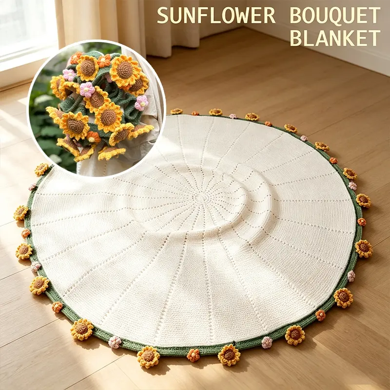 Trendy Handmade Crochet Sunflower Bouquet Knitted Blanket, Round Floral Edge Decor Throw, Washable Soft Knit Bedding for Daily Naps, Study Room Rest & Apartment Decoration