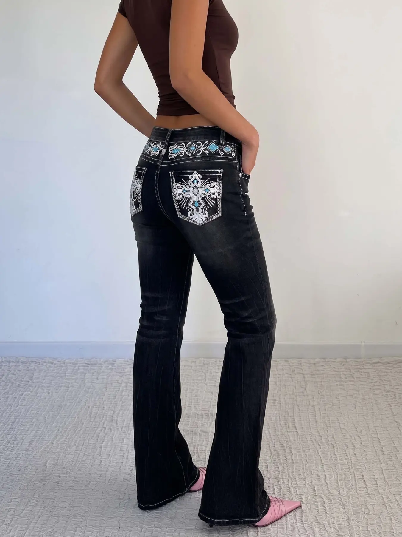 Vintage Y2K Distressed Punk Micro-Rise Women Jeans, Waist-Baring Pocket Style, Cross Wing Embroidery, All Season Wear, Plain Surface, Unlined
