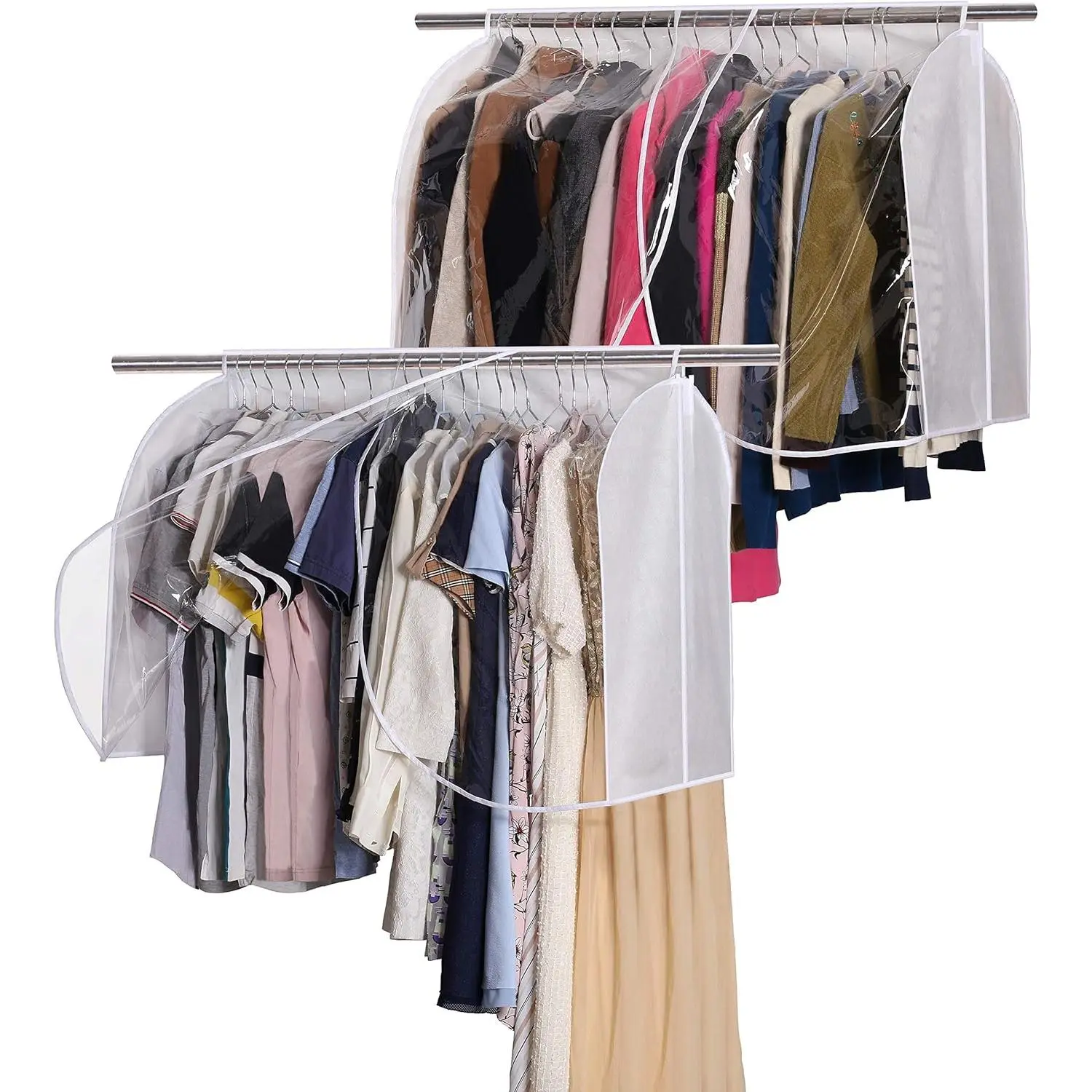 Extra Large Hanging Garment Rack Cover Storage with Clear PVC Window Dust Shoulder Cover Clothes Dress Suits Coat Protectors for Closet, 2 Packs, White